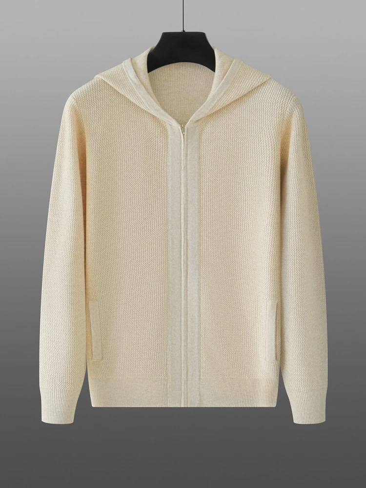 Aliselect Men Pure Cashmere Hooded Cardigan Autumn Winter New Zipper Knit Jacket Thick Sweater Leisure Plus Size Coat Warm Shirt 5