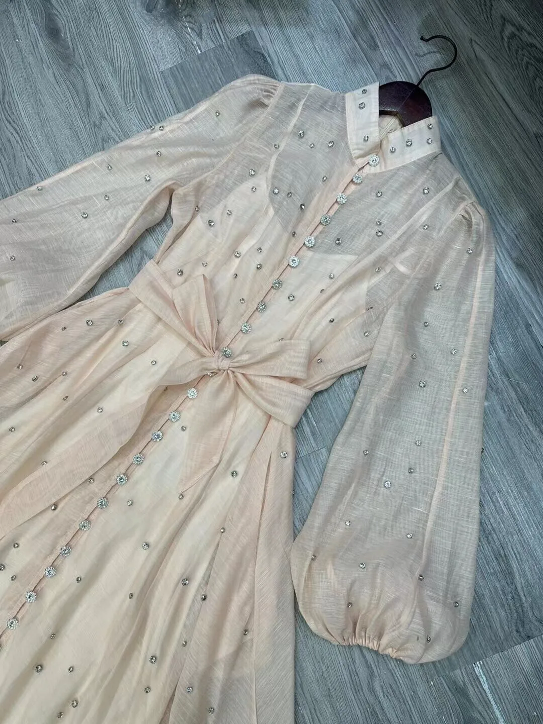 Elegant Long Dress British Style Fashion Beading Single Breasted Design Gentle Temperament Dresses Women 2025 Spring Autumn