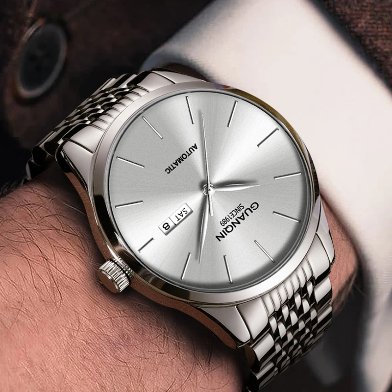Orologio meccanico da uomo di lusso GUANQIN, movimento autentico, cassa in acciaio inossidabile, doppio calendario, orologi da lavoro e tempo libero, impermeabili fino a 50 m_voghion.com