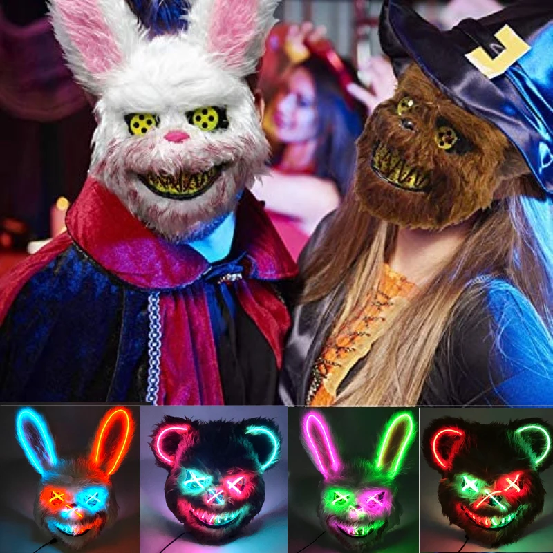 Halloween Light Up Horror Animal Mask Led Luminoso Bloody Bear Mask Lampeggiante Neon Cosplay Spaventoso Masquerade Party Mask Supplies
