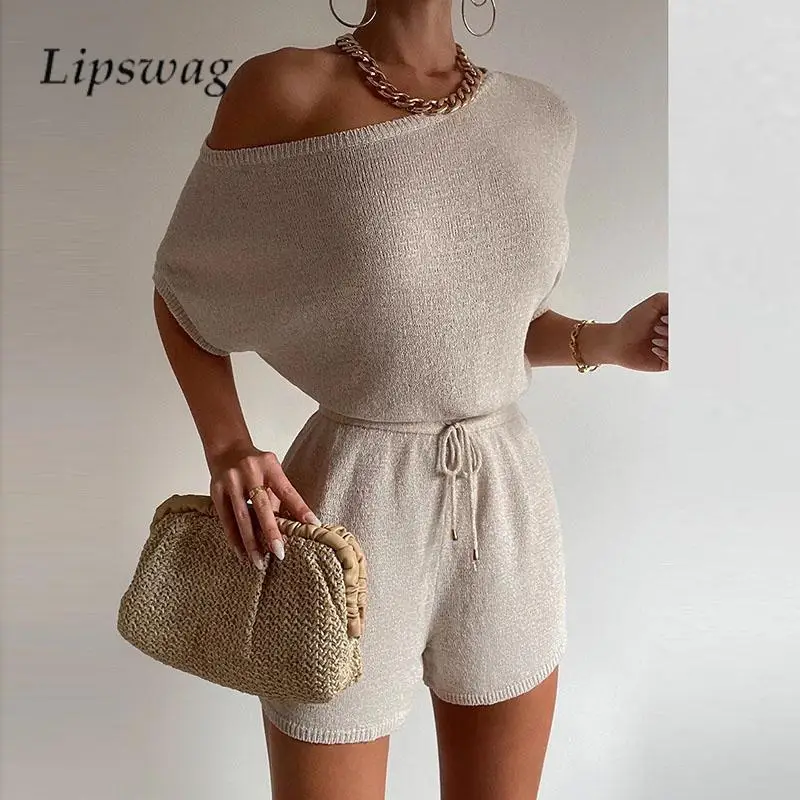 

Casual Slash Neck Off Shoulder Shorts Jumpsuit Fashion Solid Drawstring Lace-up Playsuit Summer Women Short Sleeve Short Rompers