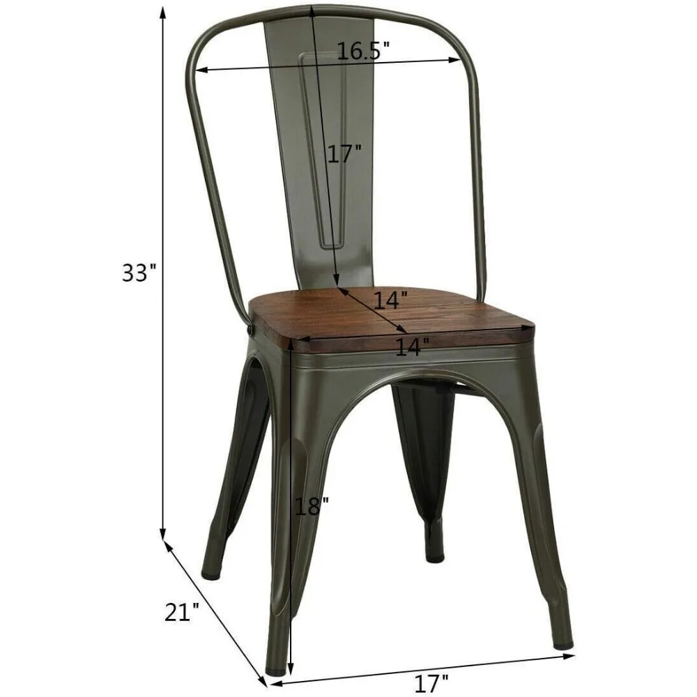 18 Inch Dining Chair Set of 4, Industrial Vintage Stackable Metal Chairs, Counter Bar Chairs with High Backrest, Wood Seat 3