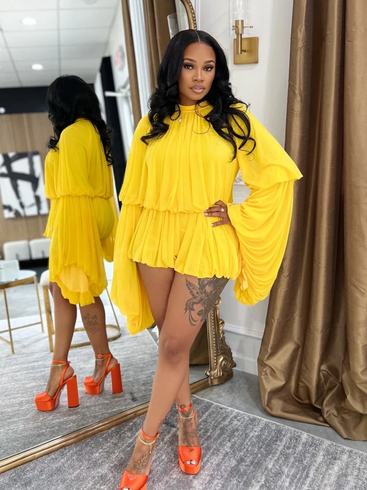 Wmstar 2 Piece Sets Women Wholesale Summer 2025 Lace Shorts Sets Solid Ruffled Shorts Lantern Sleeves Matching Set dropshopping