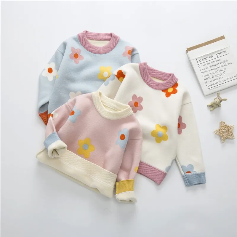 

Children Girls Spring Print Knitted Sweater Pullover Girl Baby Princess Sweaters Autumn Plus Velvet Warm Casual Clothes 1-6Y Top