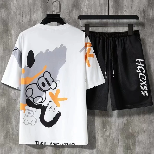 Men's Cartoon Picture Graphic T-shirt Shorts Set For Summer