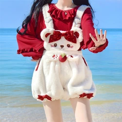 Japanese Kawaii Lolita Plush Overalls Shorts Women Cute Bear Strawberry Hot Short Pants Bow Bloomers Shorts Female Y2k Clothing