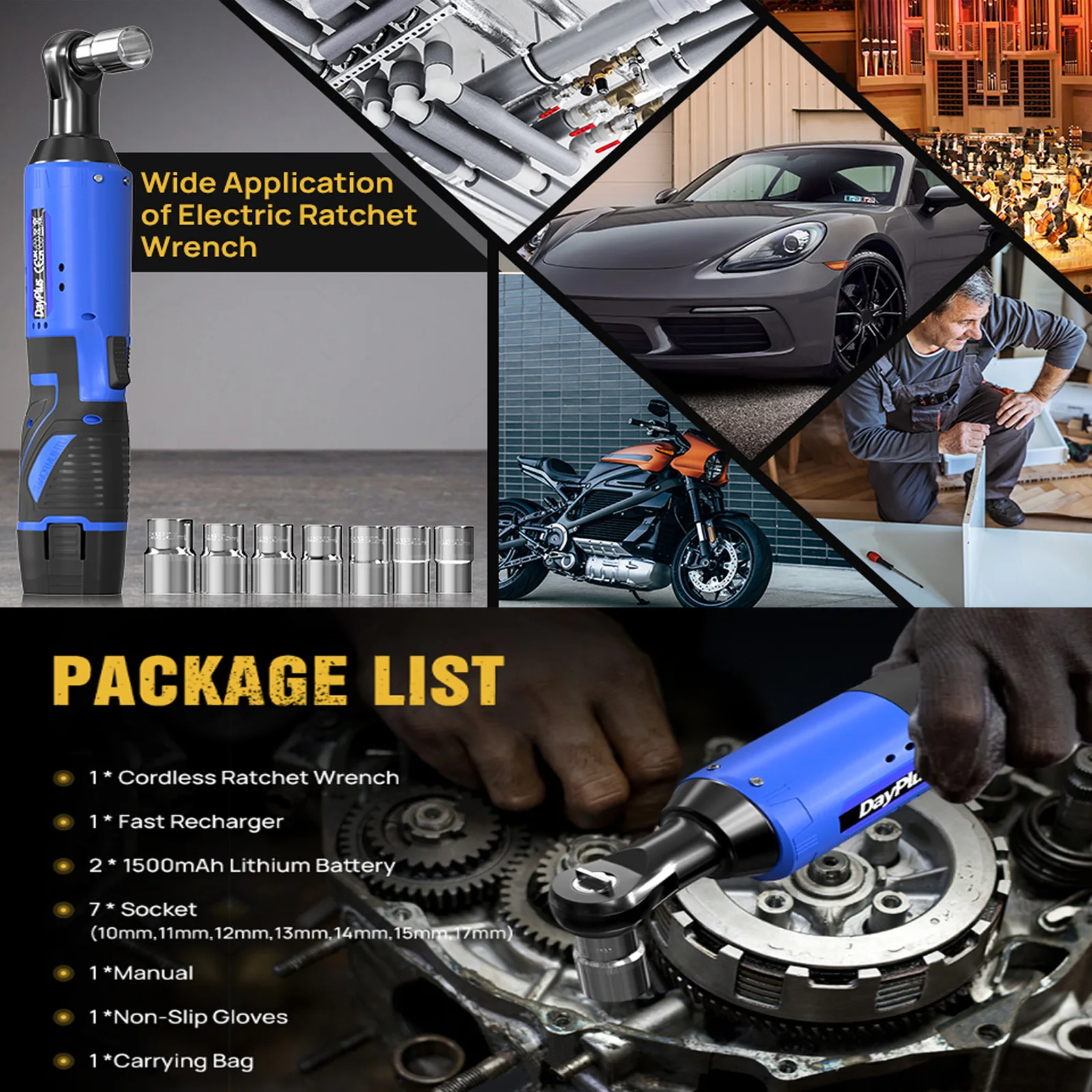 Electric Cordless Right Ratchet 3/8'' 90° Angle Wrench with LED Work Light +7pcs Sockets Set Power Ratchet Wrenches, 2 Battery 3