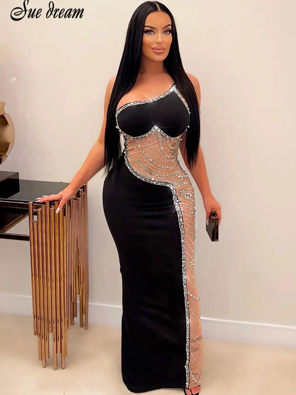 

Women One Shoulder Sleeveless Mesh Patchwork Diamonds Maxi Long Dress 2023 INS Club Evening Sexy Party Bandage Dresses Vestidos