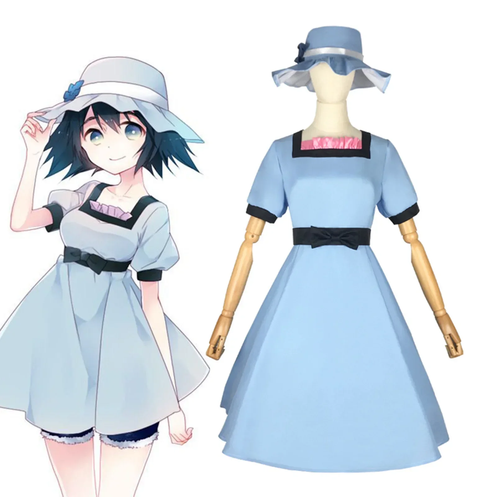 

Anime Steins Gate Shiina Mayuri Cosplay Costume Wigs Blue Dress with Hat Party Role Play Dresses Halloween Party Clothes