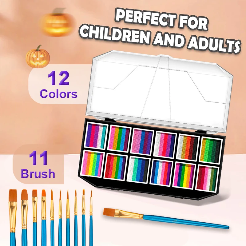 Face body Painting with Brush kit 12 Grids color Water-Soluble Body Art Pigment palette Rainbow & Neon Color for Halloween,Party 2