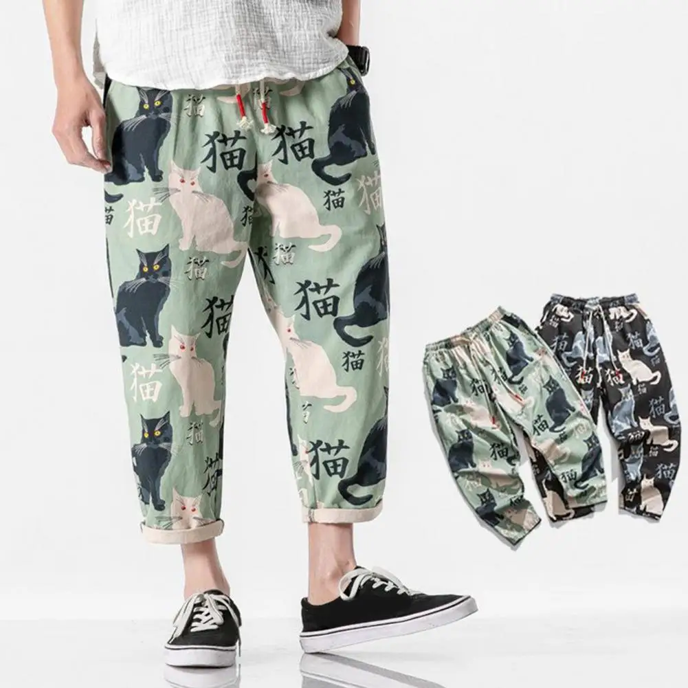 

Men Ninth Pants Elastic Waist Drawstring Rich Colors Washed Casual Match Top Cat Print Japanese Style Men Summer Sweatpants