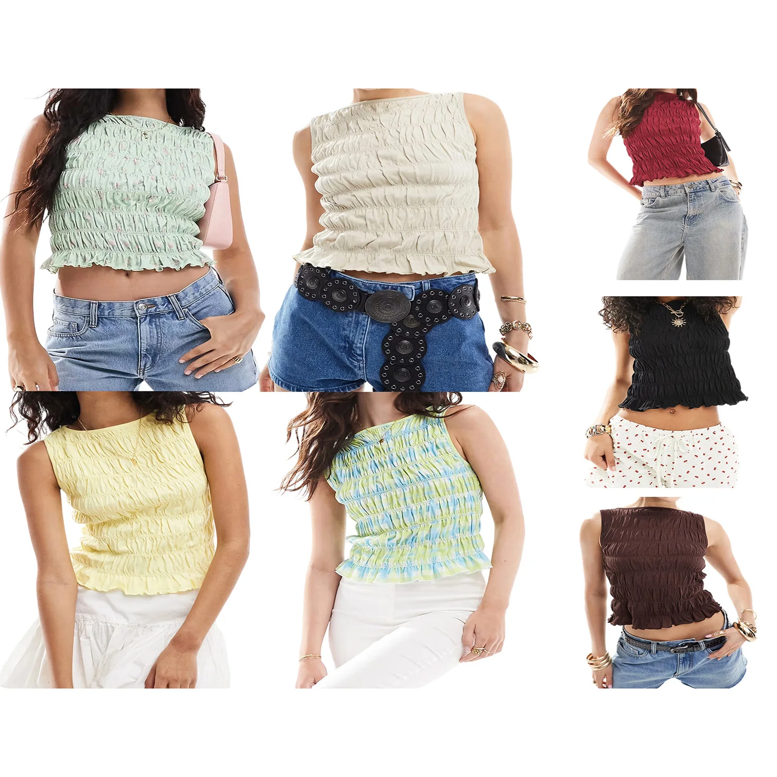 Women s Ruched Tank Tops  Fit Floral Solid Boat Neck Sleeveless Ruffled Hem Crop Shirts Casual Summer Streetwear Collection