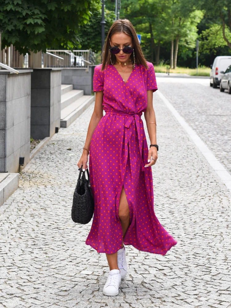 

Summer Polka Dot Split Hem Long Dress Women 2024 New Fashion V Neck Print Sundress Vestidos Short Sleeved Waisted Lace-up Dress