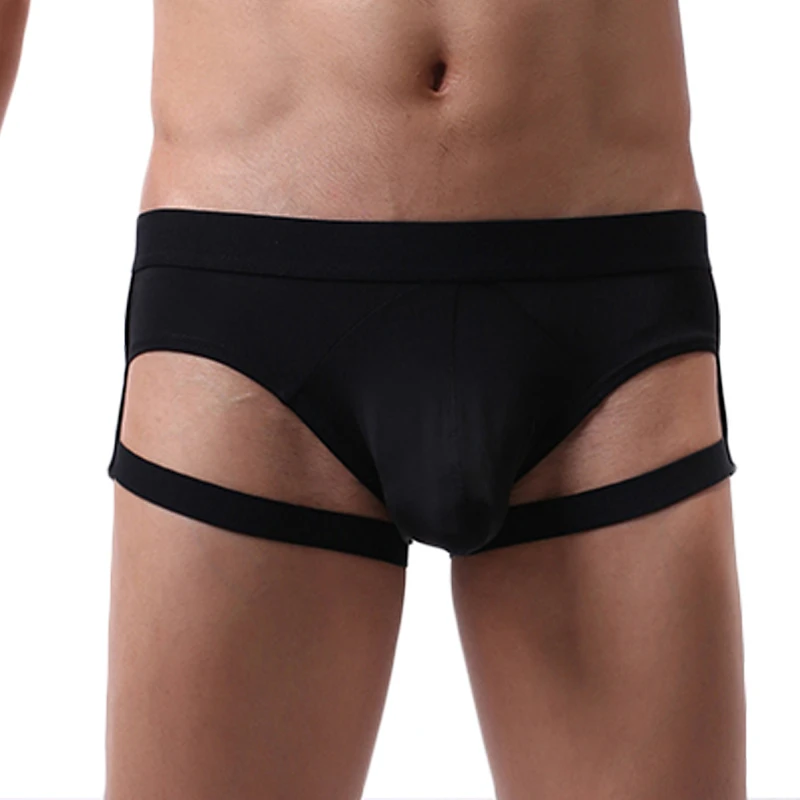 Men's Sexy Underwear Breathable Ice Silk Briefs with Leg Garters Hollow Out Thigh Strap Bulge Penis Pouch Bondage Fetish Costume