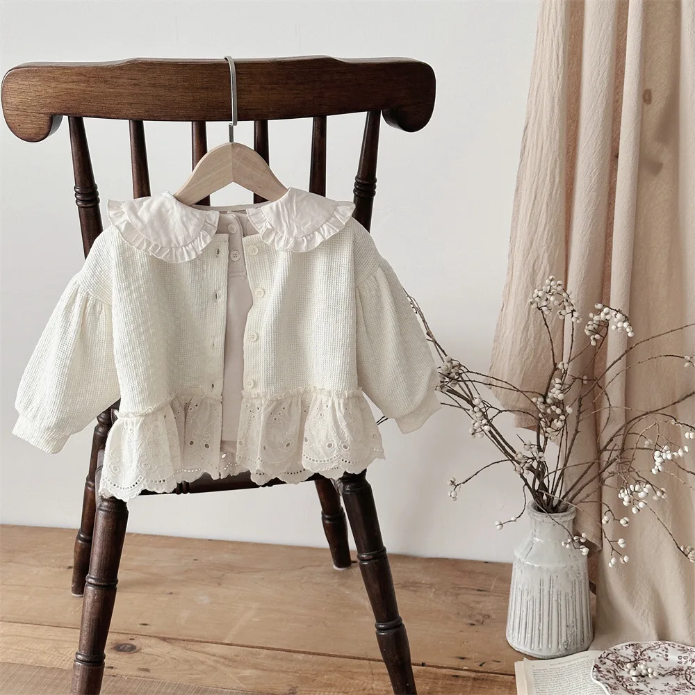Spring New Baby Clothes Outerwear 0-3 Years Girl Clothes Small Grid Bubble Long Sleeved Cardigan Splicing Lace Jacket