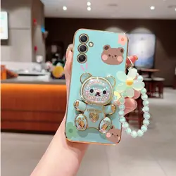 Floral Lanyard with Cute Bear Phone Holder and Stand Cover - Samsung A15 (Green)