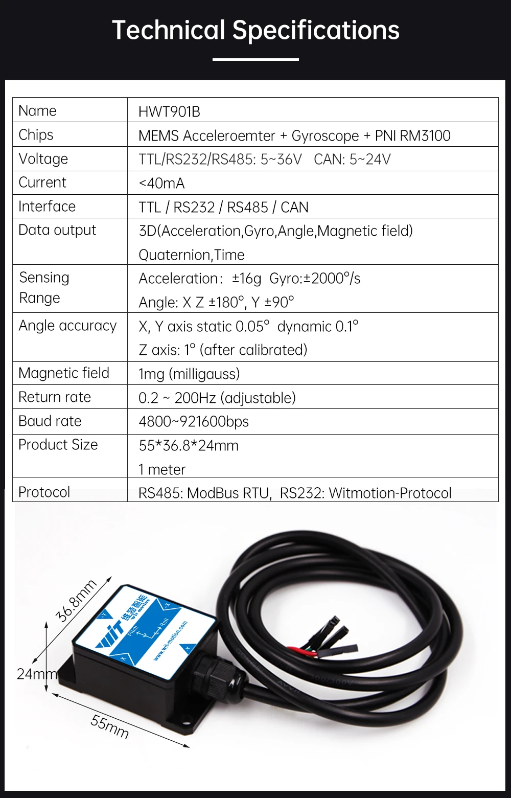 WitMotion [가속도계+경사계] HWT901B TTL MPU9250 9축 자이로스코프+각도계(XY0.1) ° 디지털 나침반+공기압+고도계