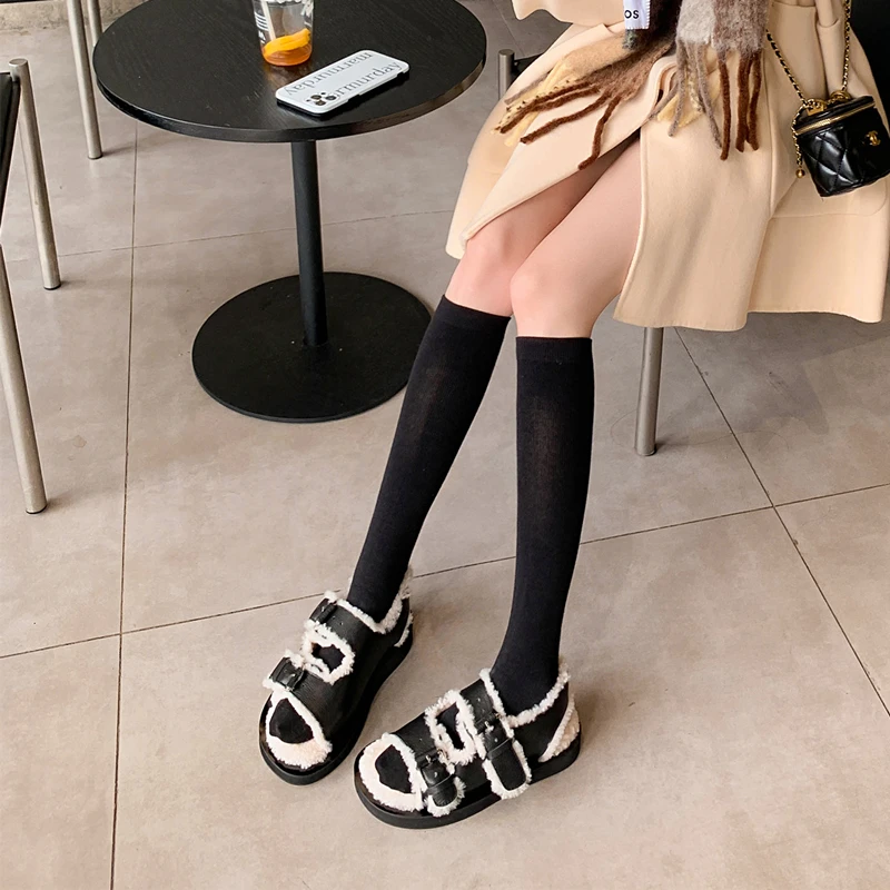 

Fur Women's Slippers In Winter Leather Flat Outdoor Sandals Designer Natural Wool Plush Home Trend Female Platform Warm Shoes