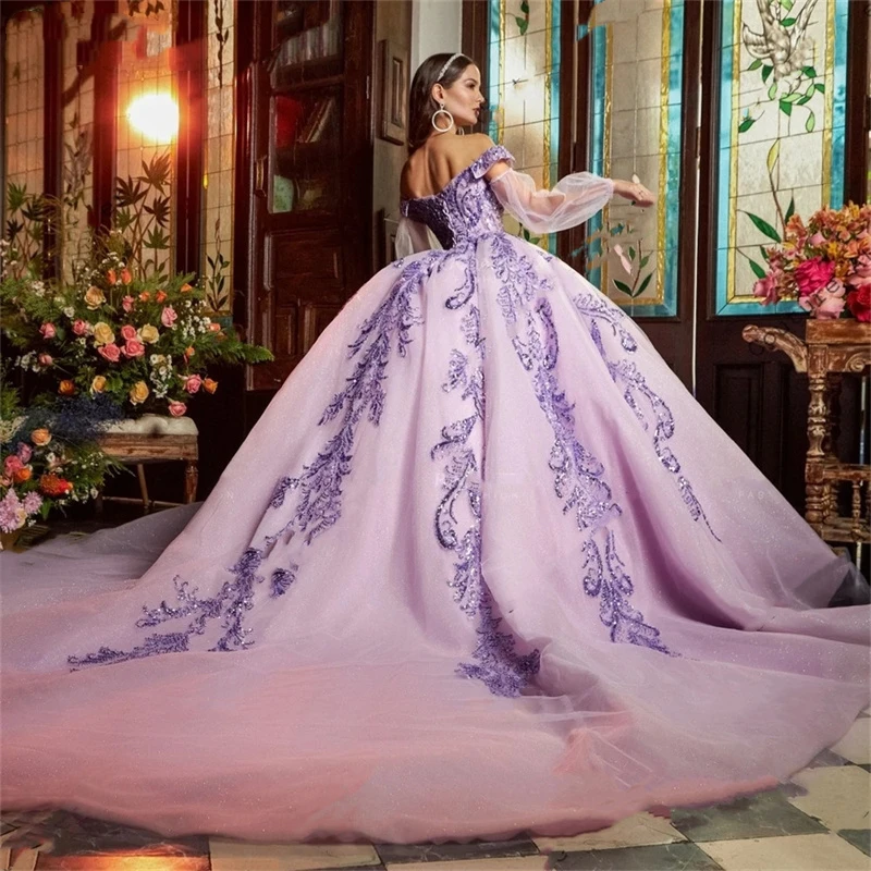 

Haute Couture Long Puff Sleeve Quinceanera Ball Gown Sweet Sequin Appliques Wedding Gowns Sweep Train