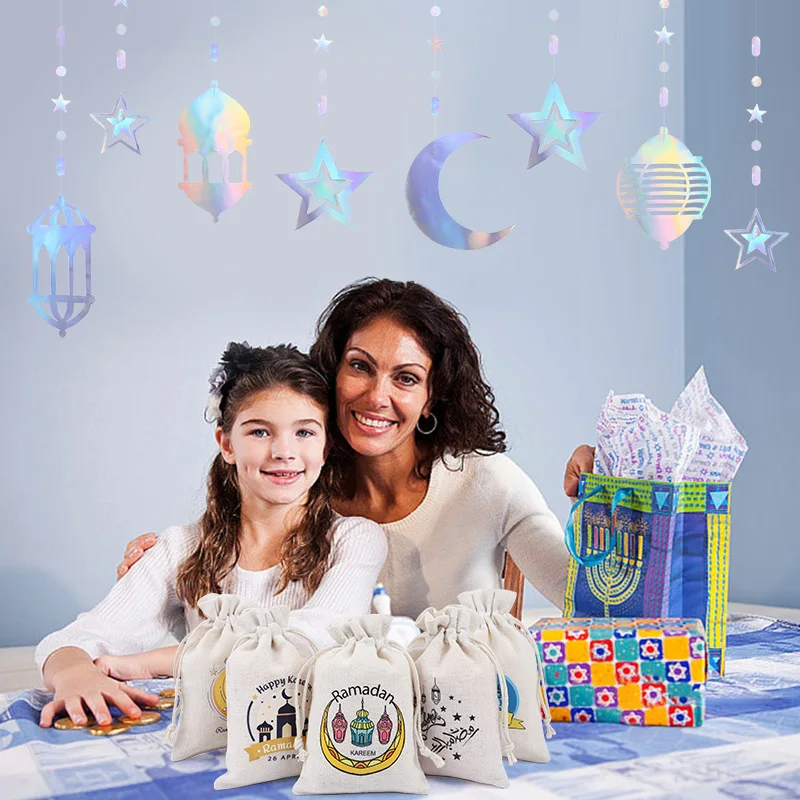 10Pcs Ramadan Linen Gift Bag with Drawstring 2025 Islamic Muslim Party Decor Supplies Eid Mubarak Candy Snack Packaging Pouch