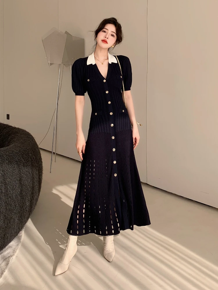 

New In Spring/Summer Women Long Knitted Dress High Quality Navy Blue Ankle-Length Collared Button Down Dress Viscose Strecth