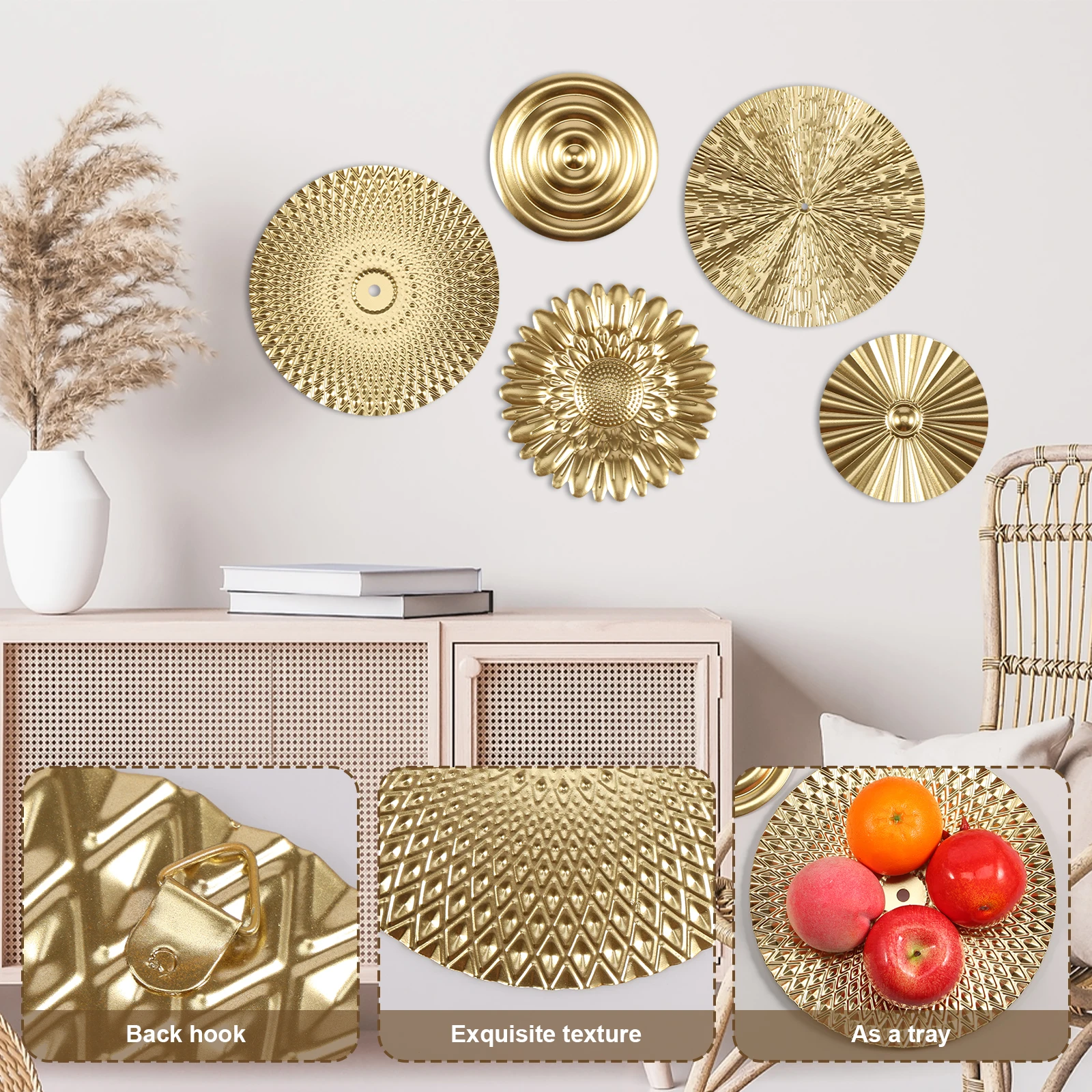 3/5 Pcs Metal Decor Disc Round Golden Wall Decoration Wall Mounted Round Plate Pendant Detachable Decor Disc for Home Decoration