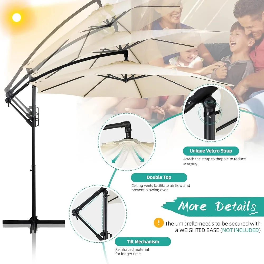 Patio Offset Umbrella Easy Tilt Adjustment Crank and Cross Base Outdoor Cantilever Hanging Umbrella 8 Ribs