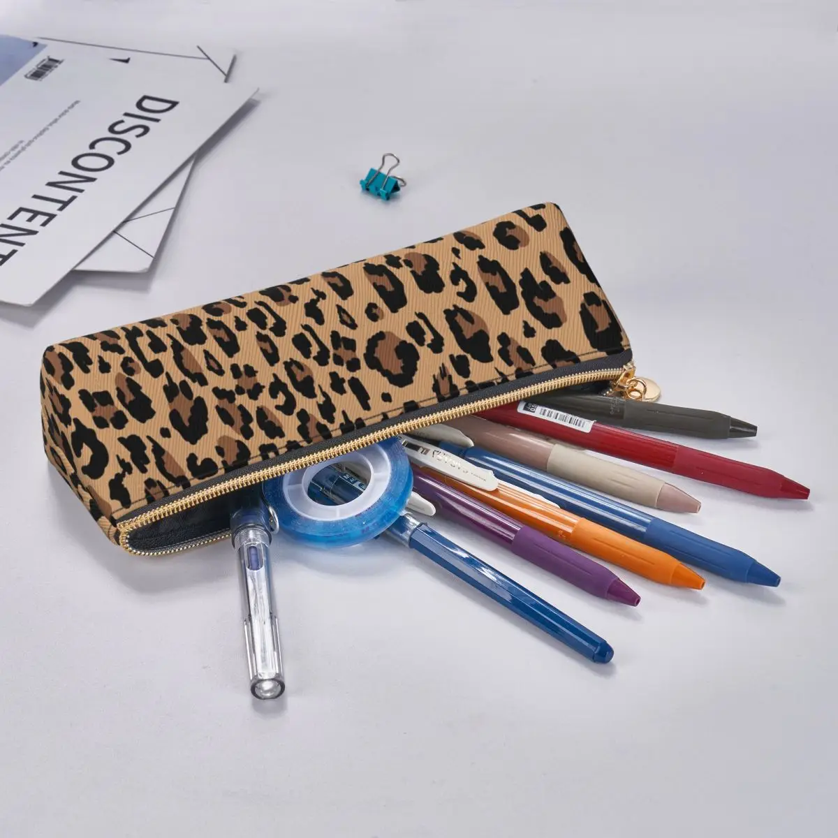 Retro Leopard Triangle Pencil Case Jungle Animal Print Girls Boys College Zipper Pencil Box Kawaii Leather Pen Bag 5