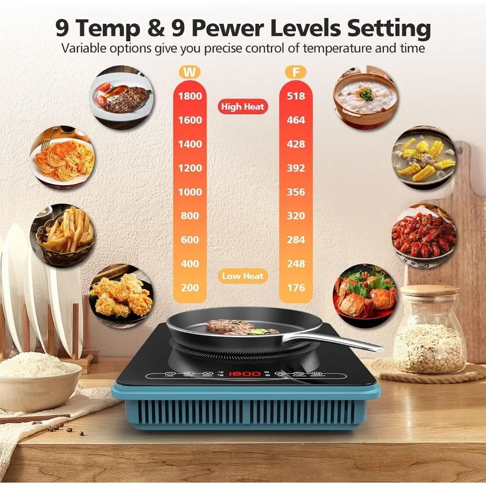 Induction Cooktop 1800W 110v Countertop Induction Hot Plate 9 Power Levels Kids Lock Timer Overheat Protection