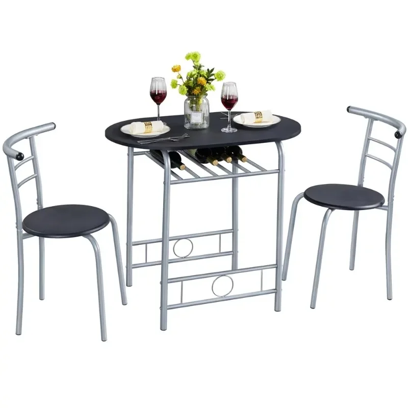 

3Pcs Round Dining Table Set Kitchen Table Set with Storage Rack, Black