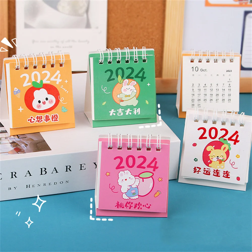 2024 Mini Desk Calendar Cute Rabbit Calendar Office School Supplies Kawaii Cartoon Desk Calendar Schedule Table Monthly Planner weekly monthly check list work plan square paper notebook diary agenda daybook cute ticket memo pads note to do list planner