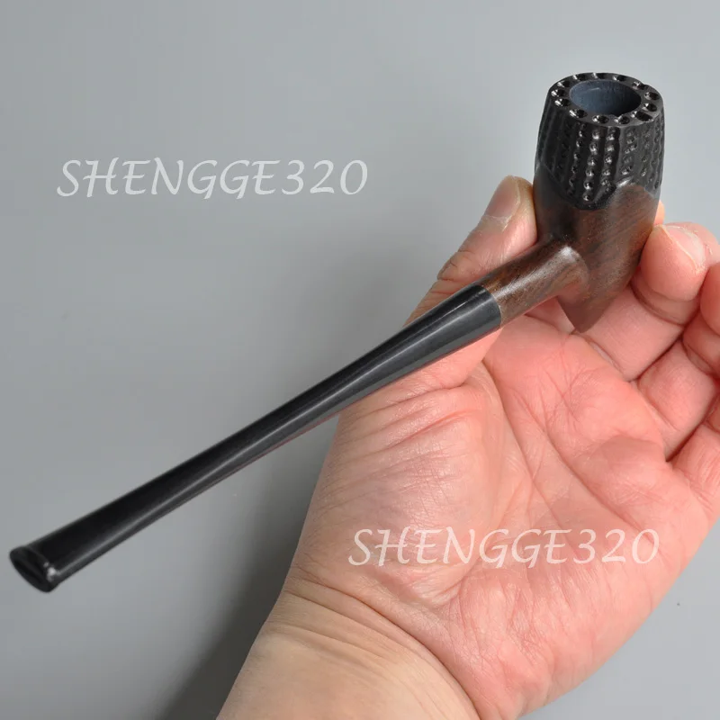 Ebony Wooden Tobacco Pipe Tomahawk Churchwarden Carved Surface Straight Stem 5