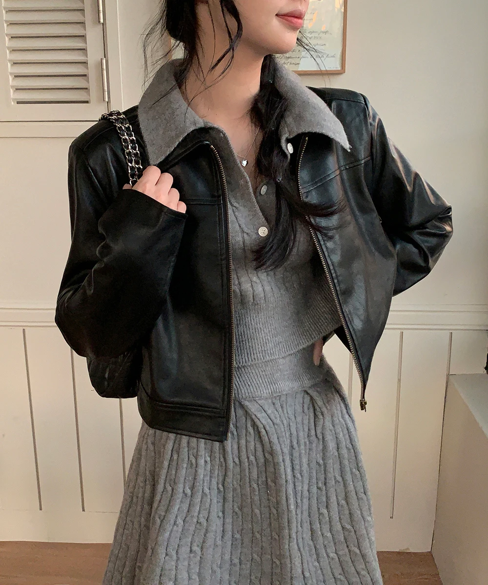 Korean Fashion Two-piece Set Women Pullover Turn-down Collar Crop Top Mini Skirt Solid Casual Suit Autumn New Knitwear Outfits