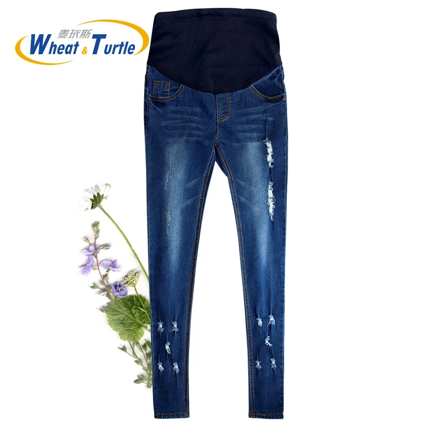 Cotton Denim Skinny Maternity Jeans Holes Contrast Stitching Pockets Pencil For Pregnant Women