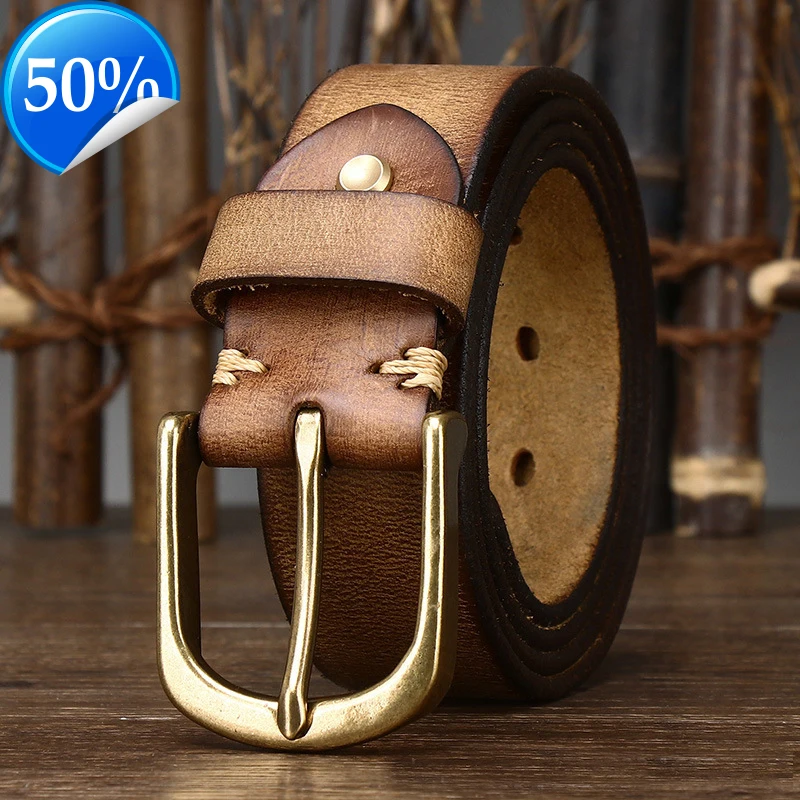 

Vintage Luxury Genuine Leather Copper Buckle Man's Belt Cowhide Retro All-match Casual Jeans Soft Belt