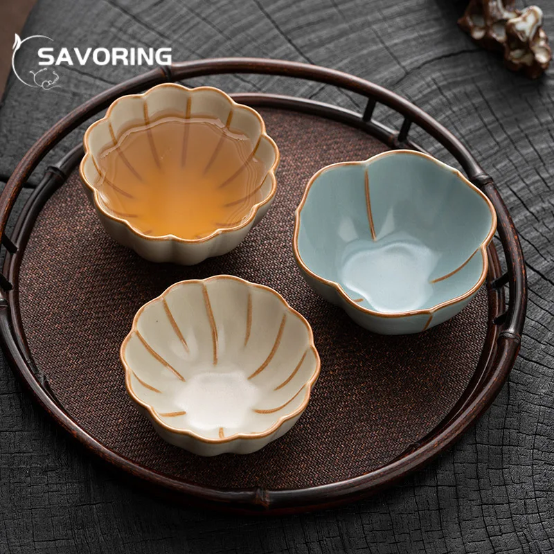 Retro Ru Kiln Porcelain Teacup Creative Opening Tea Bowl Beautiful Petal Tea Cup Smelling Cup Master Cups Tableware Decoration