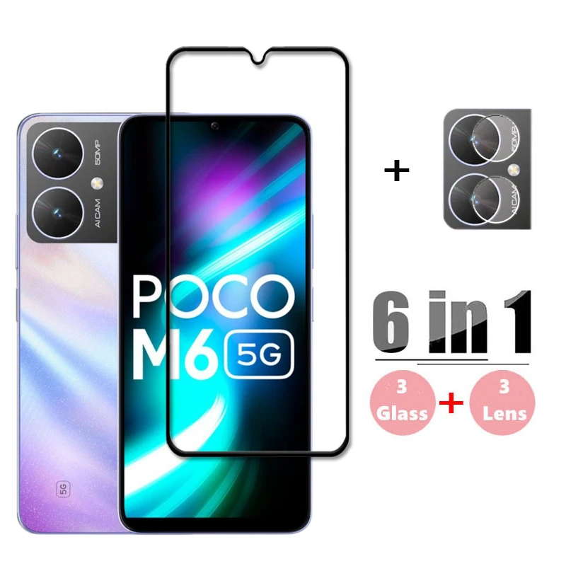 

6in1 Glass For Poco M6 5G Full Cover Tempered Glass for Poco M6 Screen Protector 9H Protective Phone Camera Lens Film Poco M6