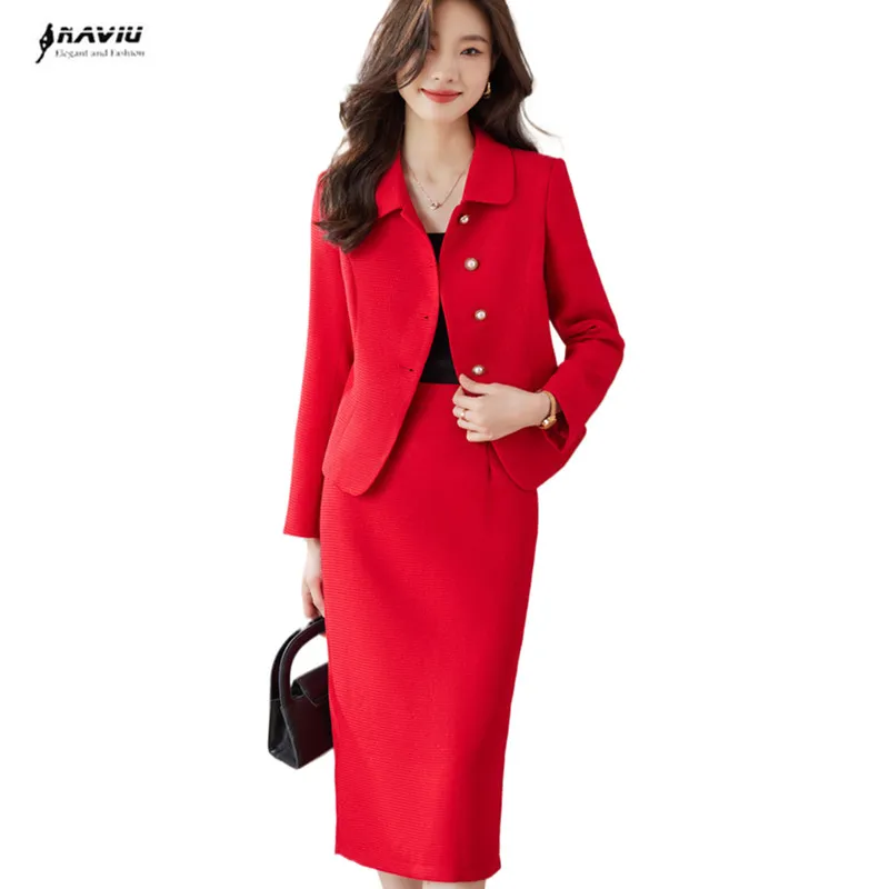 

Naviu Fashin Red Suits Women New Autumn Temperament Professional Formal Slim Blazer And Skirt Sets Office Lady Work Wear White