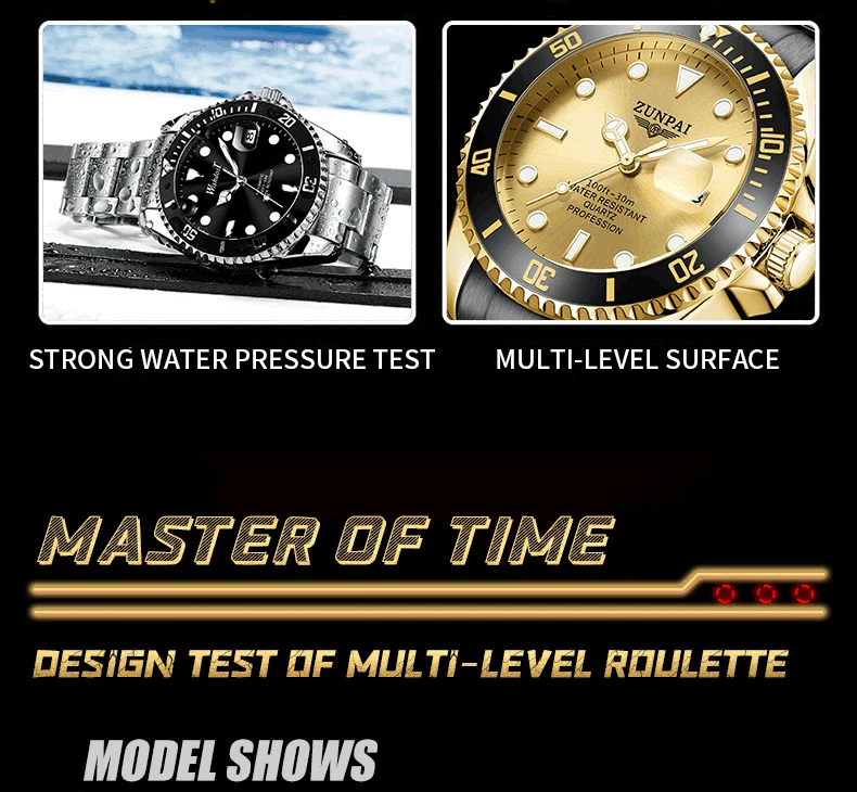 100%Original ZUNPAI Watch for Men's Waterproof Sports Stainless Steel Diving Wristwatches Golden 2022New Fashion Luxury TOPBrand