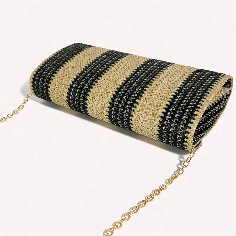 2024 New Summer Beach PP Straw Envelope Crossbody Bag Women Woven Clutches Striped Black Handbag Casual Chain Shoulder Purses