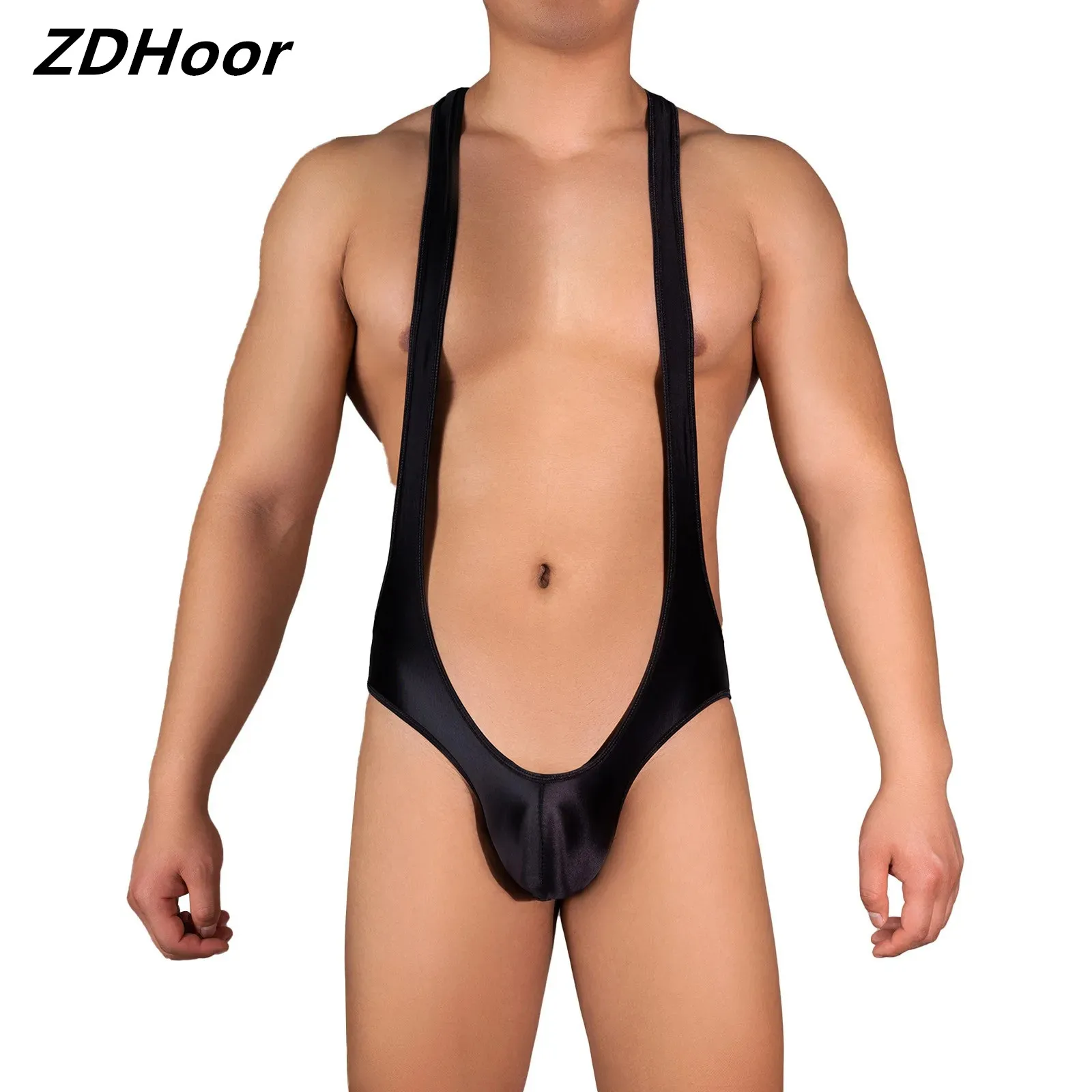 

Men Glossy Bulge Pouch Racerback Bodysuit Open Butt Jockstrap Leotard Jumpsuit Lingerie Underwear