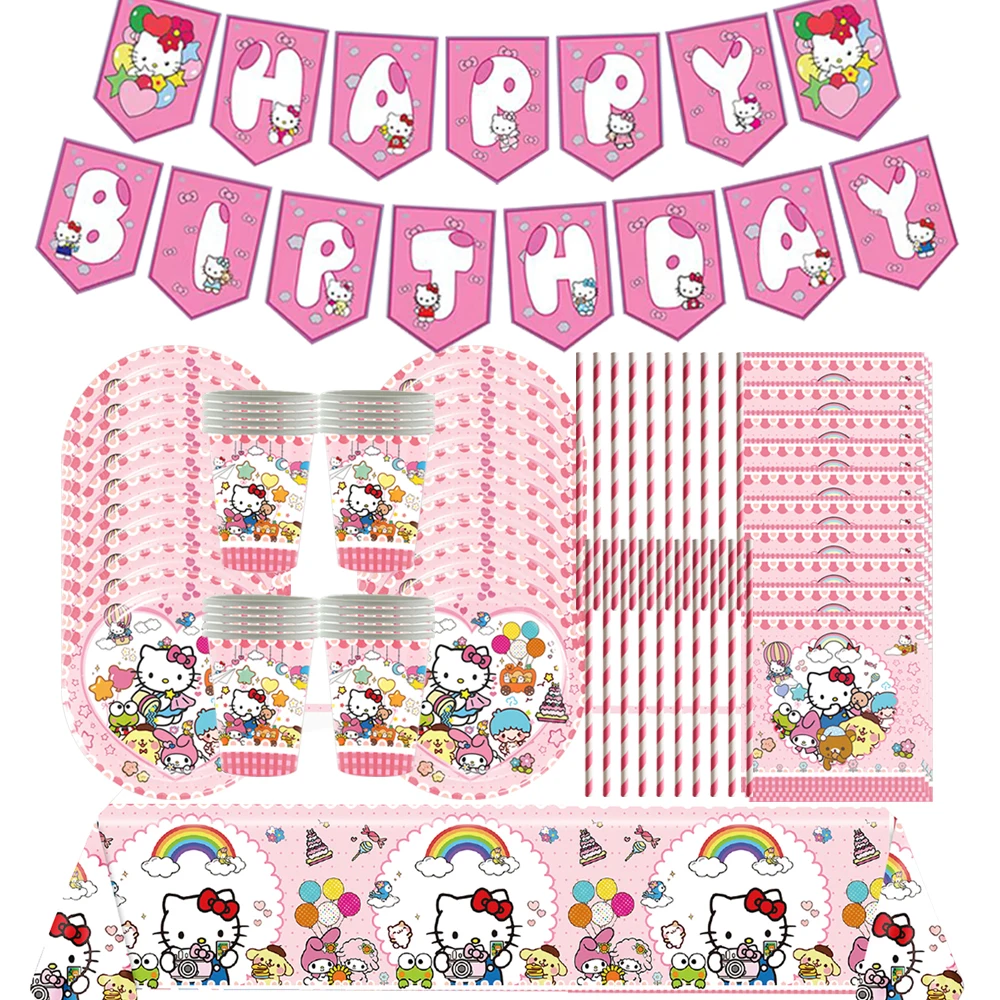 

Hello Kitty Birthday Party Decorations Pink Cat Disposable tableware set for 10pepole Plates Baby Shower Girls Favors Supplies