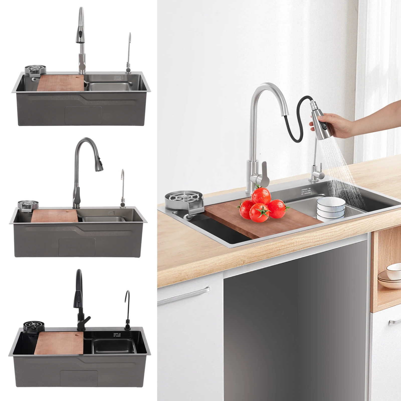304 Stainless Steel Kitchen Sink Rectangular Single Sink Kitchen Sink Washbasin Set With Pull Out Faucet 2