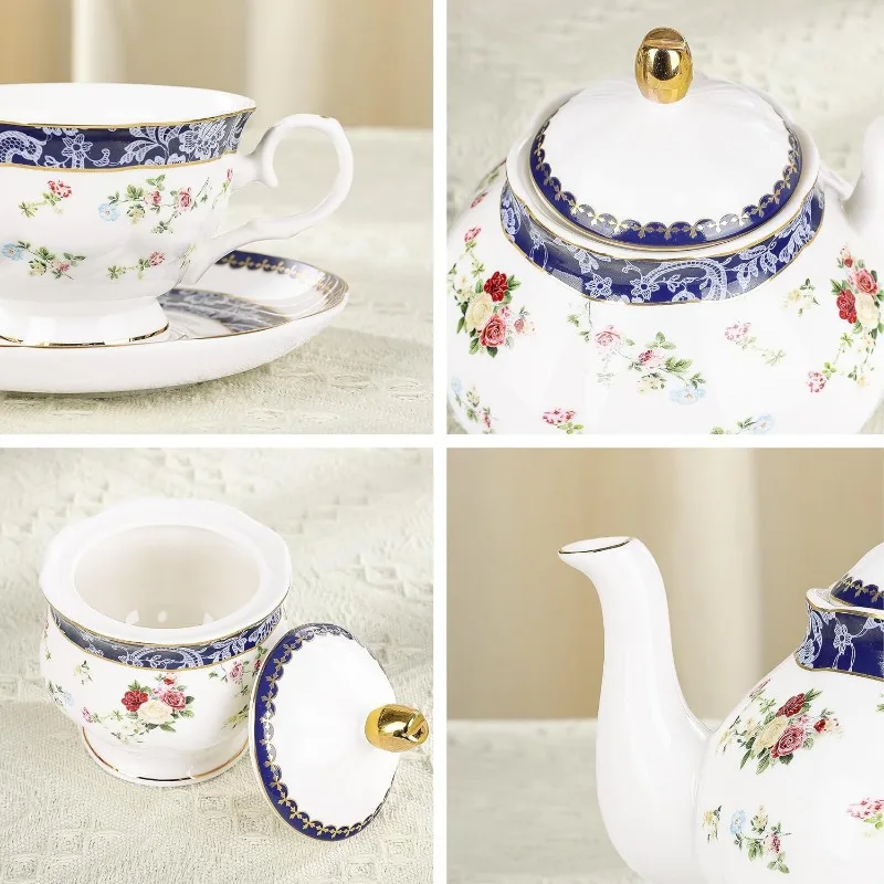Bone China Tea Sets for Adults Porcelain Tea Service with Sugar Bowl & Creamer English Cremic Floral Cups Set of 6