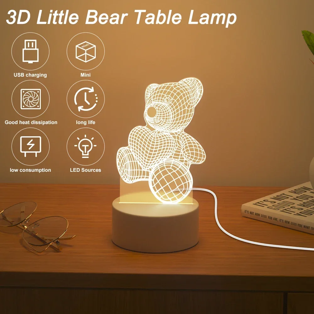 

Creative 3D Acrylic LED Bedroom Table Lamp Home Night Light Ambient Lighting Christmas Party Decoration Valentine's Day Gift