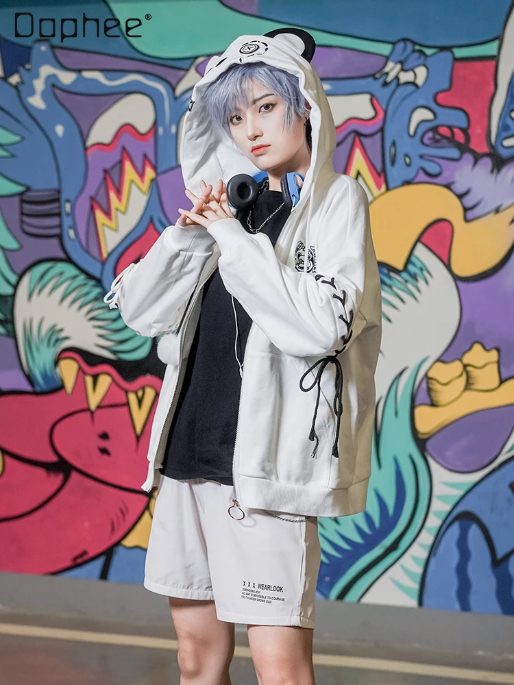 Original Sweet Button Bear Coat Female 2023 Autumn New Hip Hop Couple Wear Loose Long Sleeve Hooded Hoodies Cardigan Top Women