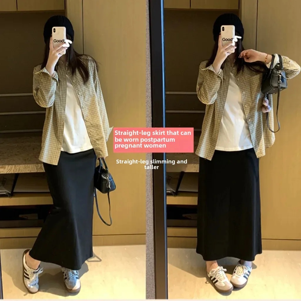 Spring Summer Casual Maternity Skirt No Support Belly Half-length Straight Cut Skirt Versatile Long for Pregnant Wome