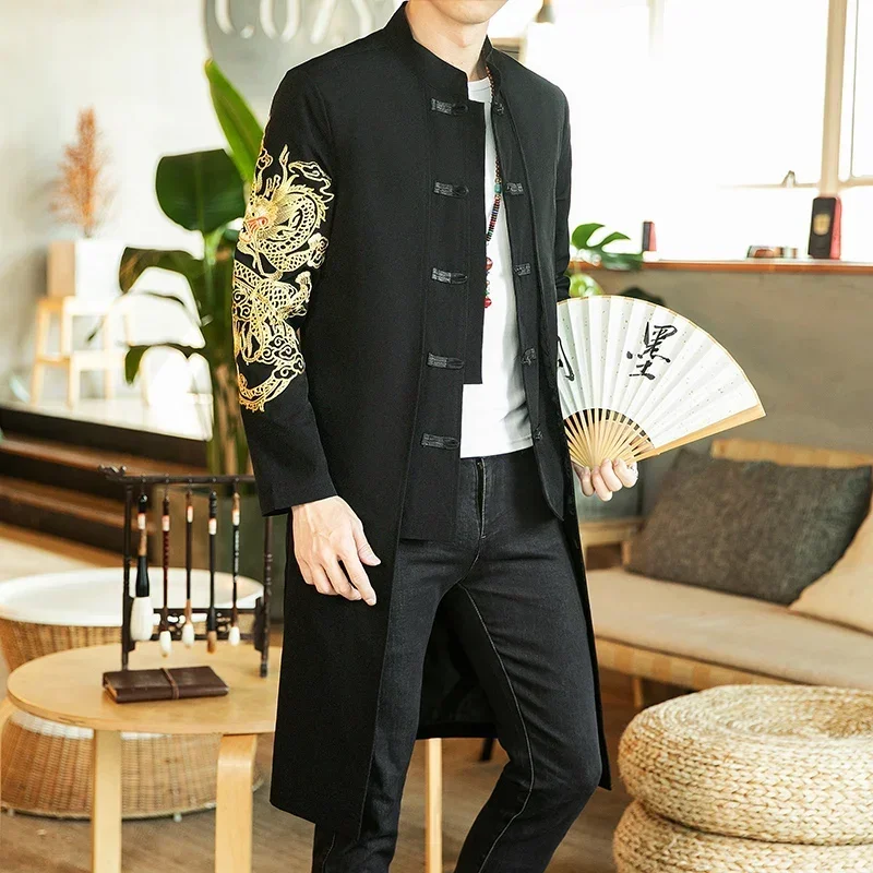 Trench Coat Men Fake two Pieces Cardigan Kimono Coat Male Long Chinese Style Black Loose Vintage Cotton Linen