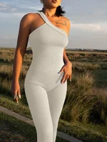 New Summer Solid Color Sloping Shoulders Sleeveless Bodysuit Women's Hip Lifting Sports Fitness Jumpsuits - Image 2