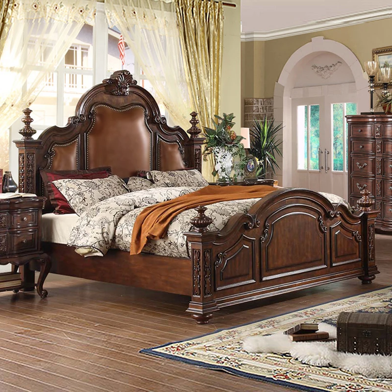 

American-style solid wood leather bed double bed 1.8 meters master bedroom carved European-style bed pillar bed wedding bed retr
